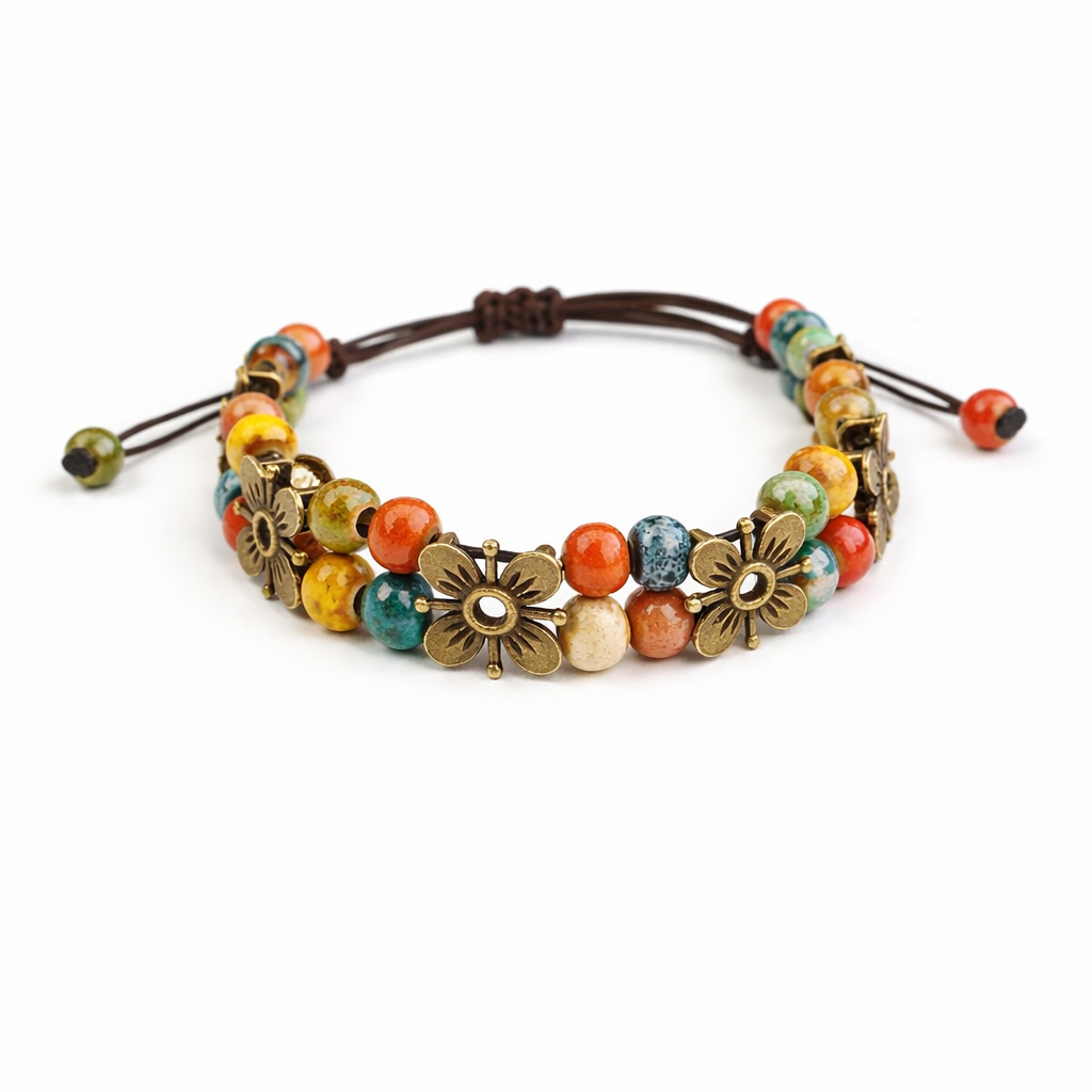 Ceramic bracelet, flower, weaving process, adjustable