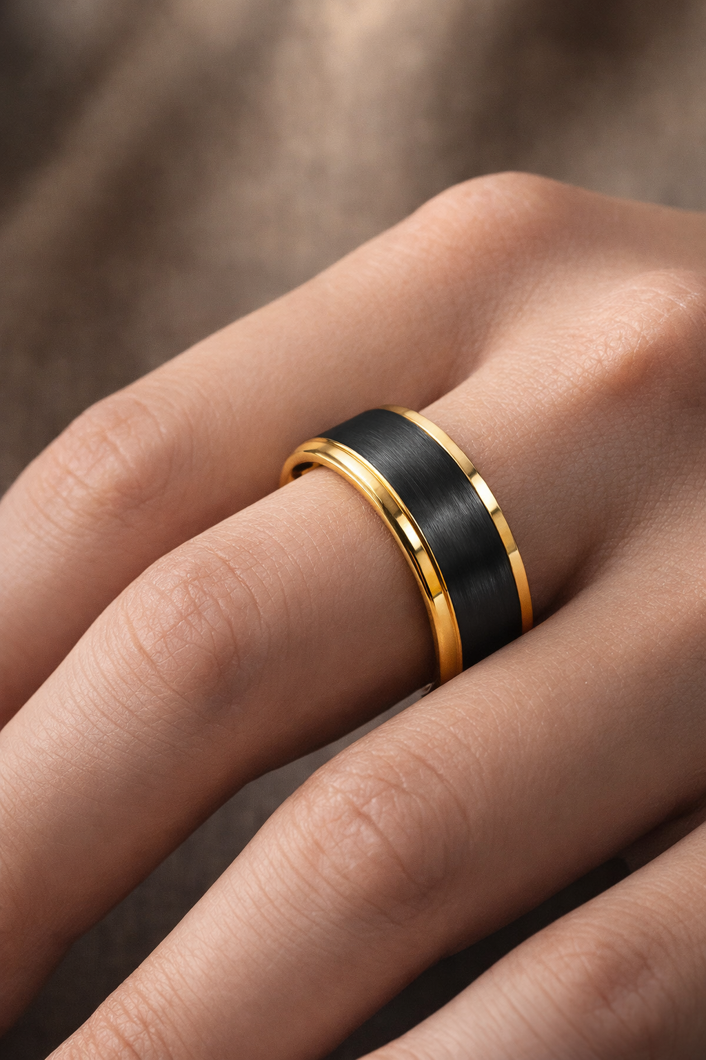 Gold-Plated Tungsten Beveled Ring with Brushed Black Center – 6mm or 8mm