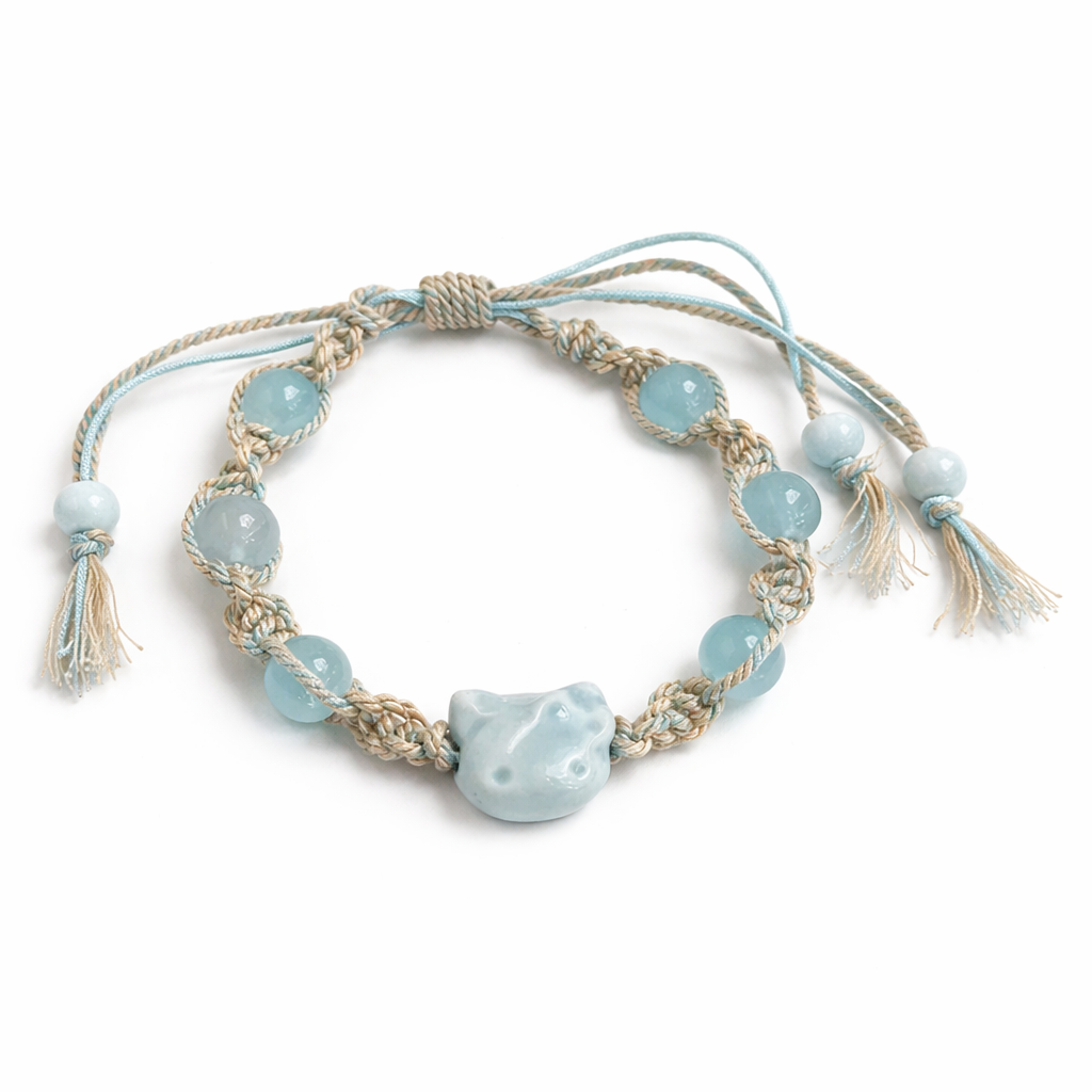 Handmade Cat Bracelet with Natural Rose Quartz & Blue Chalcedony | Adjustable Macrame Beaded Bracelet Gift