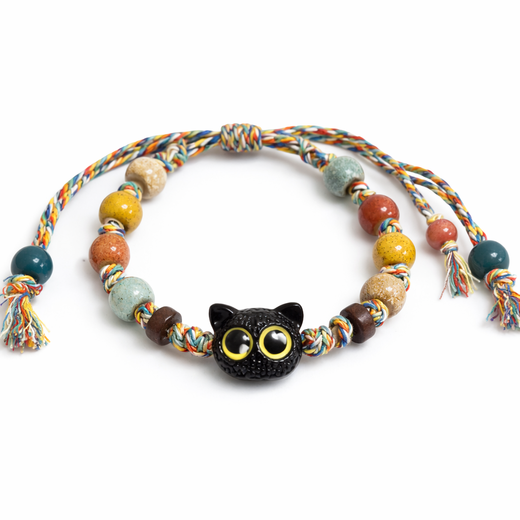 Handmade Cat Bracelet with Natural Rose Quartz & Blue Chalcedony | Adjustable Macrame Beaded Bracelet Gift