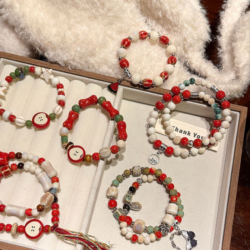 New Chinese Jingdezhen ceramic cute style apple pie student girlfriend Christmas gift jewelry bracelet