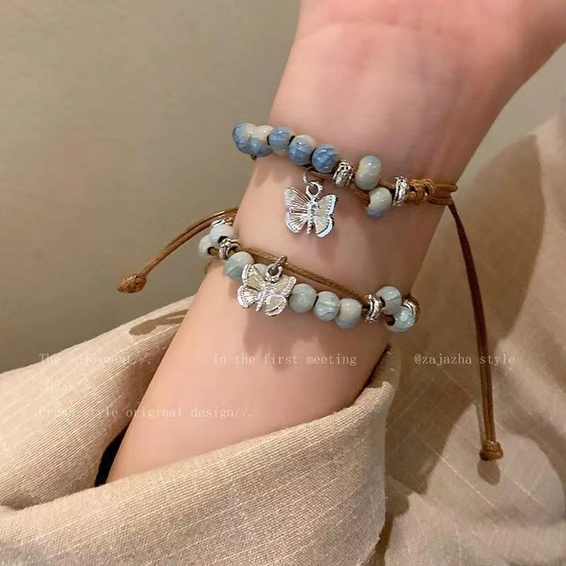 Chinese butterfly ceramic beaded woven hand rope niche summer new retro Guochao ethnic style hand jewelry