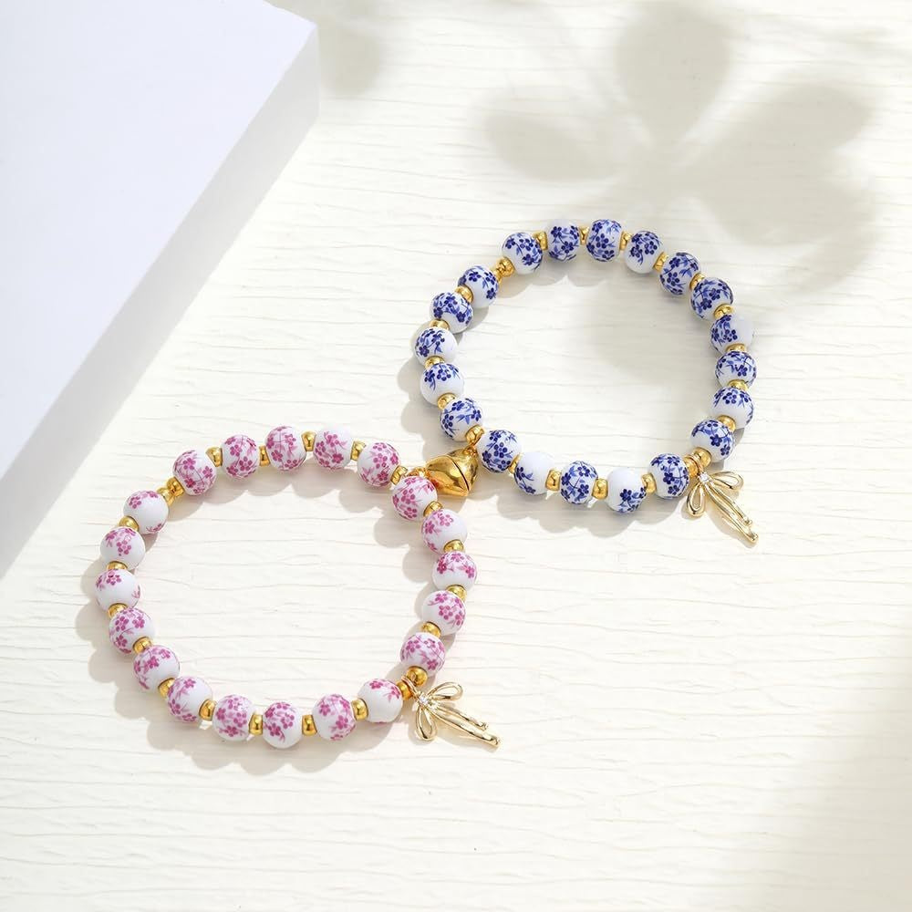 Hot-selling ceramic floral blue and pink bow bracelet couple magnetic love bracelet