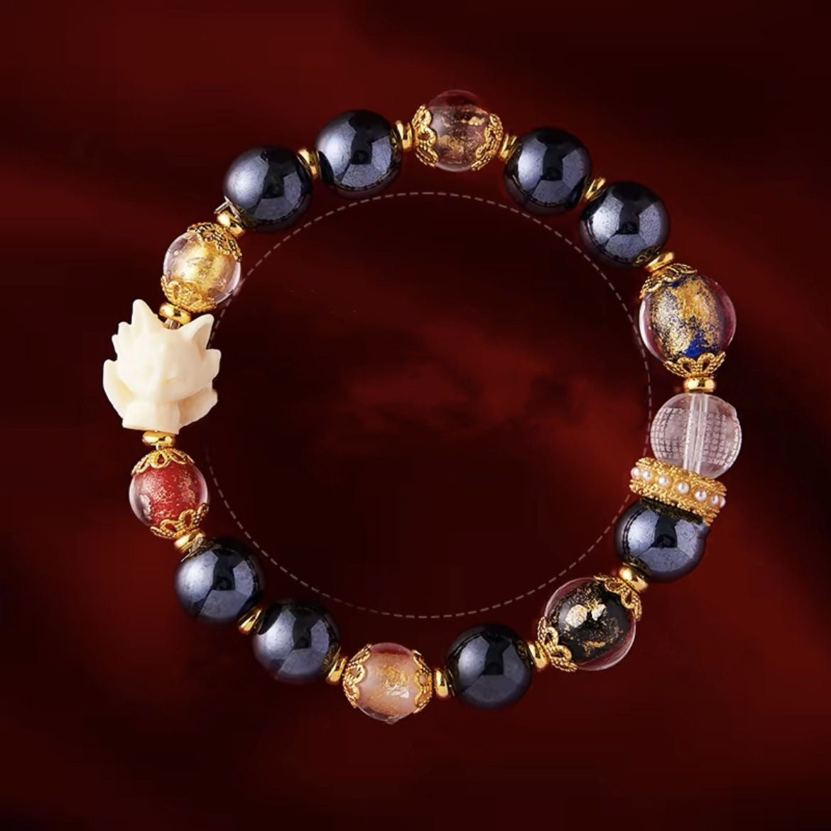 Fragrant gray porcelain nine-tailed fox gold leaf glazed large lacquer bead five-blessing bracelet