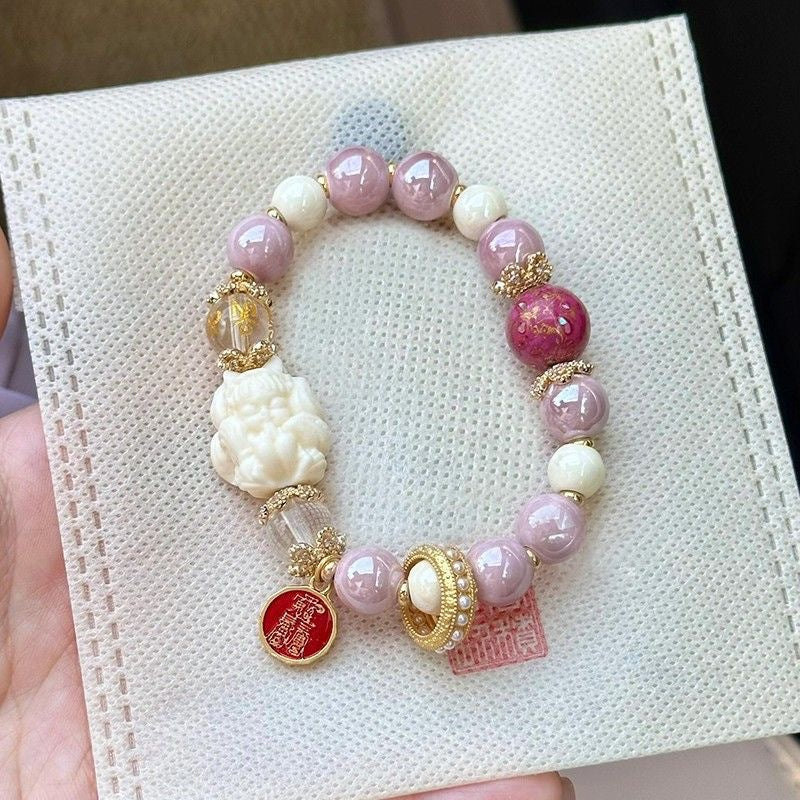 Fragrant gray porcelain nine-tailed fox gold leaf glazed large lacquer bead five-blessing bracelet