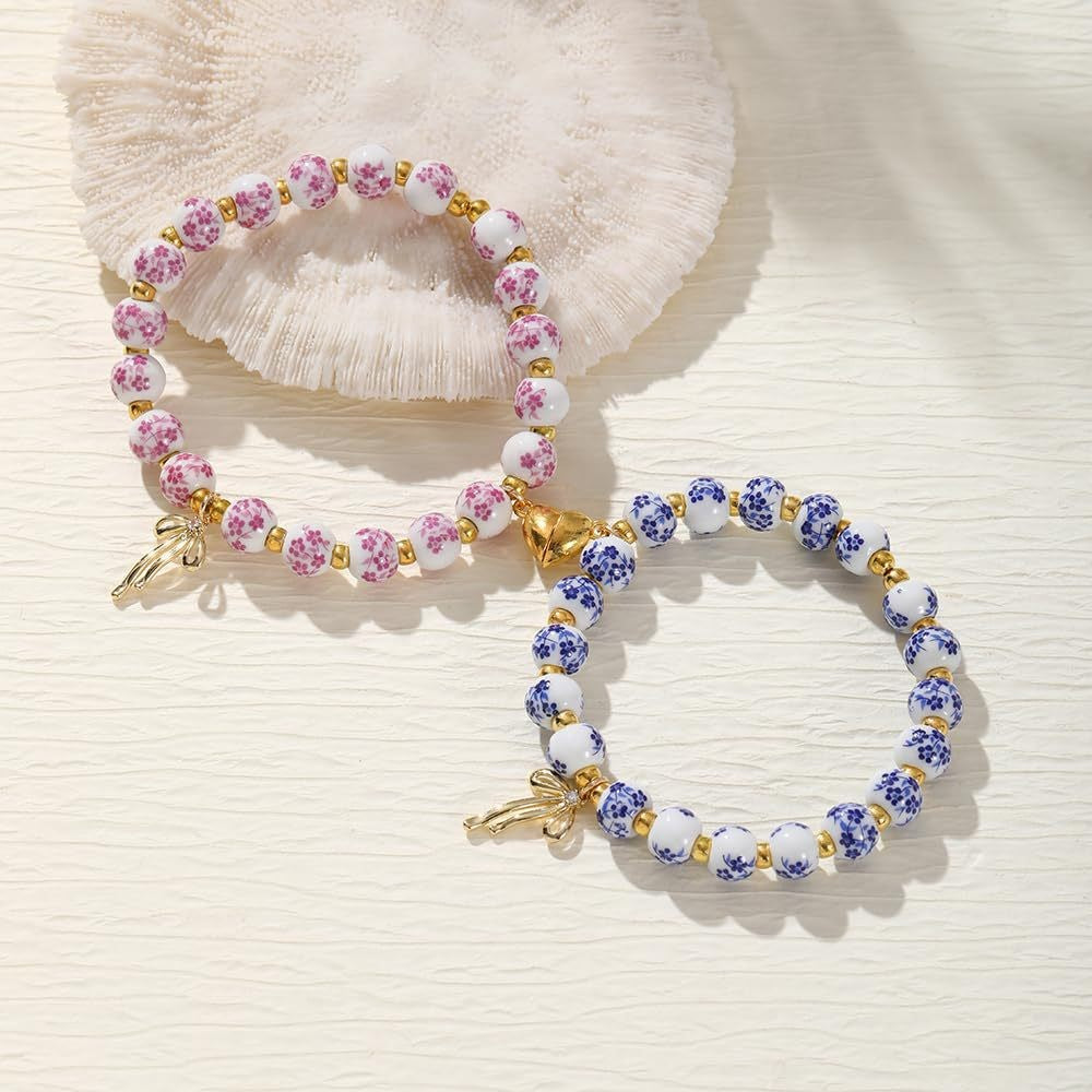 Hot-selling ceramic floral blue and pink bow bracelet couple magnetic love bracelet