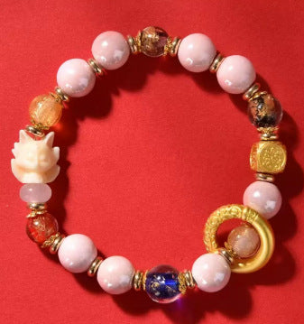Fragrant gray porcelain nine-tailed fox gold leaf glazed large lacquer bead five-blessing bracelet