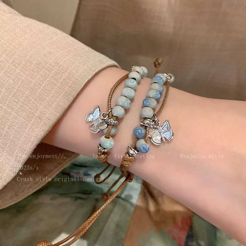 Chinese butterfly ceramic beaded woven hand rope niche summer new retro Guochao ethnic style hand jewelry