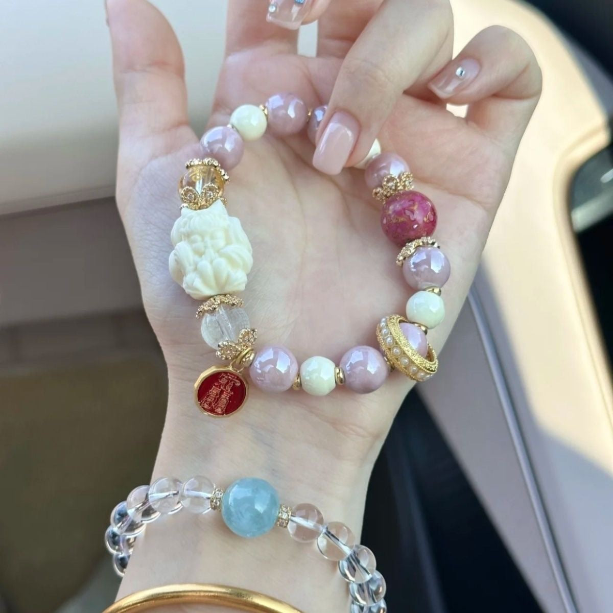 Fragrant gray porcelain nine-tailed fox gold leaf glazed large lacquer bead five-blessing bracelet