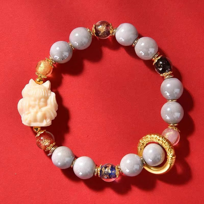 Fragrant gray porcelain nine-tailed fox gold leaf glazed large lacquer bead five-blessing bracelet