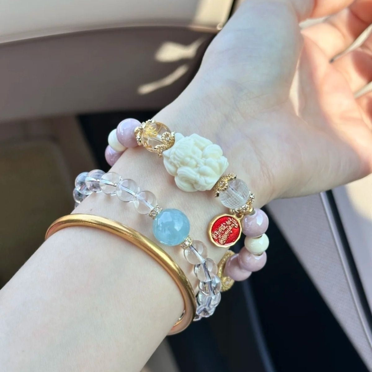 Fragrant gray porcelain nine-tailed fox gold leaf glazed large lacquer bead five-blessing bracelet