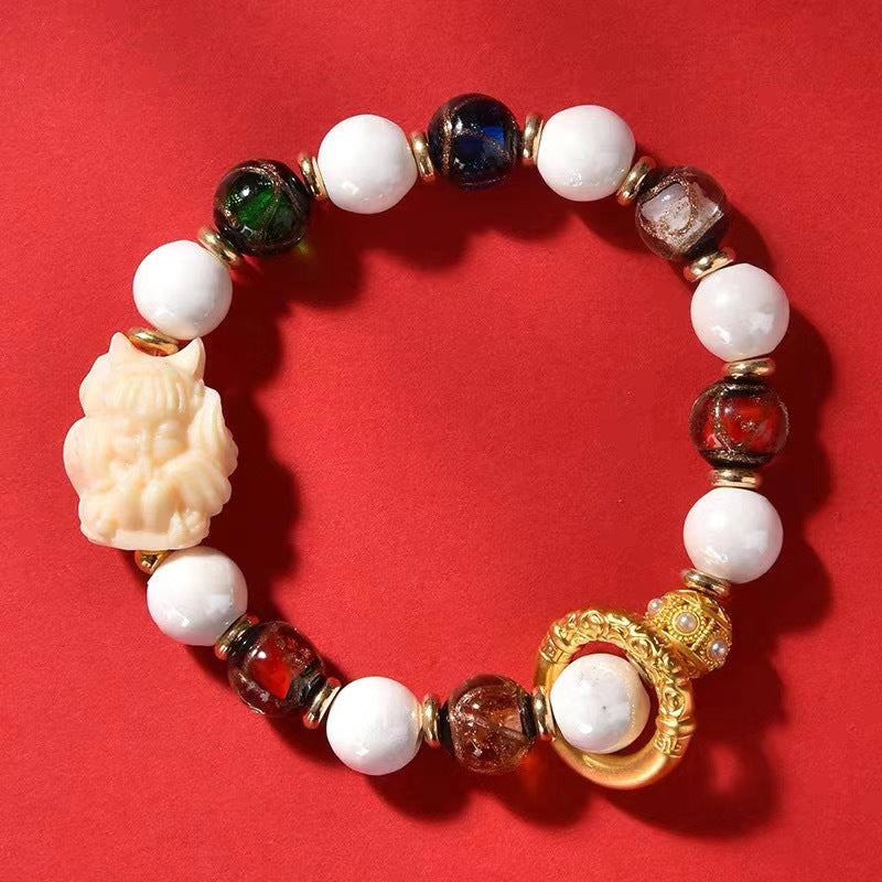 Fragrant gray porcelain nine-tailed fox gold leaf glazed large lacquer bead five-blessing bracelet