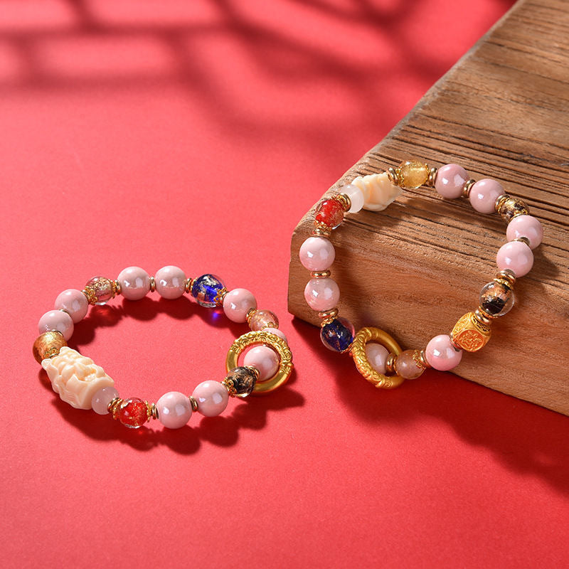 Fragrant gray porcelain nine-tailed fox gold leaf glazed large lacquer bead five-blessing bracelet