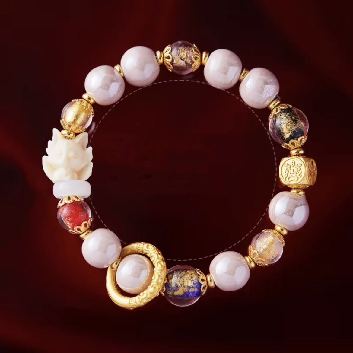Fragrant gray porcelain nine-tailed fox gold leaf glazed large lacquer bead five-blessing bracelet