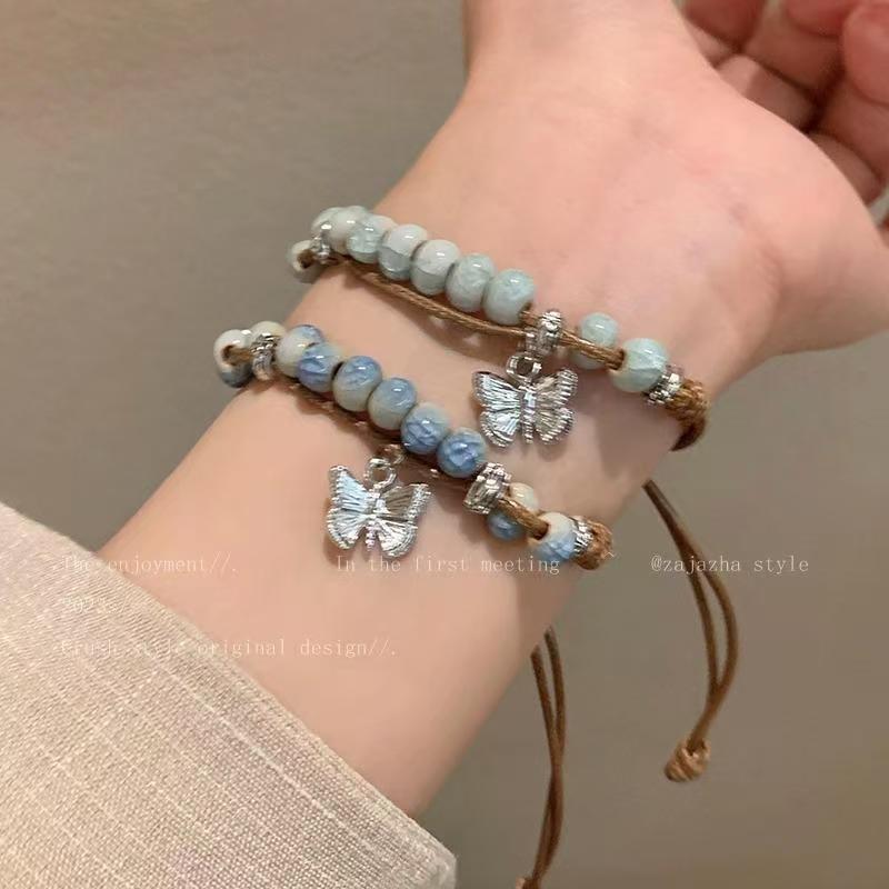 Chinese butterfly ceramic beaded woven hand rope niche summer new retro Guochao ethnic style hand jewelry