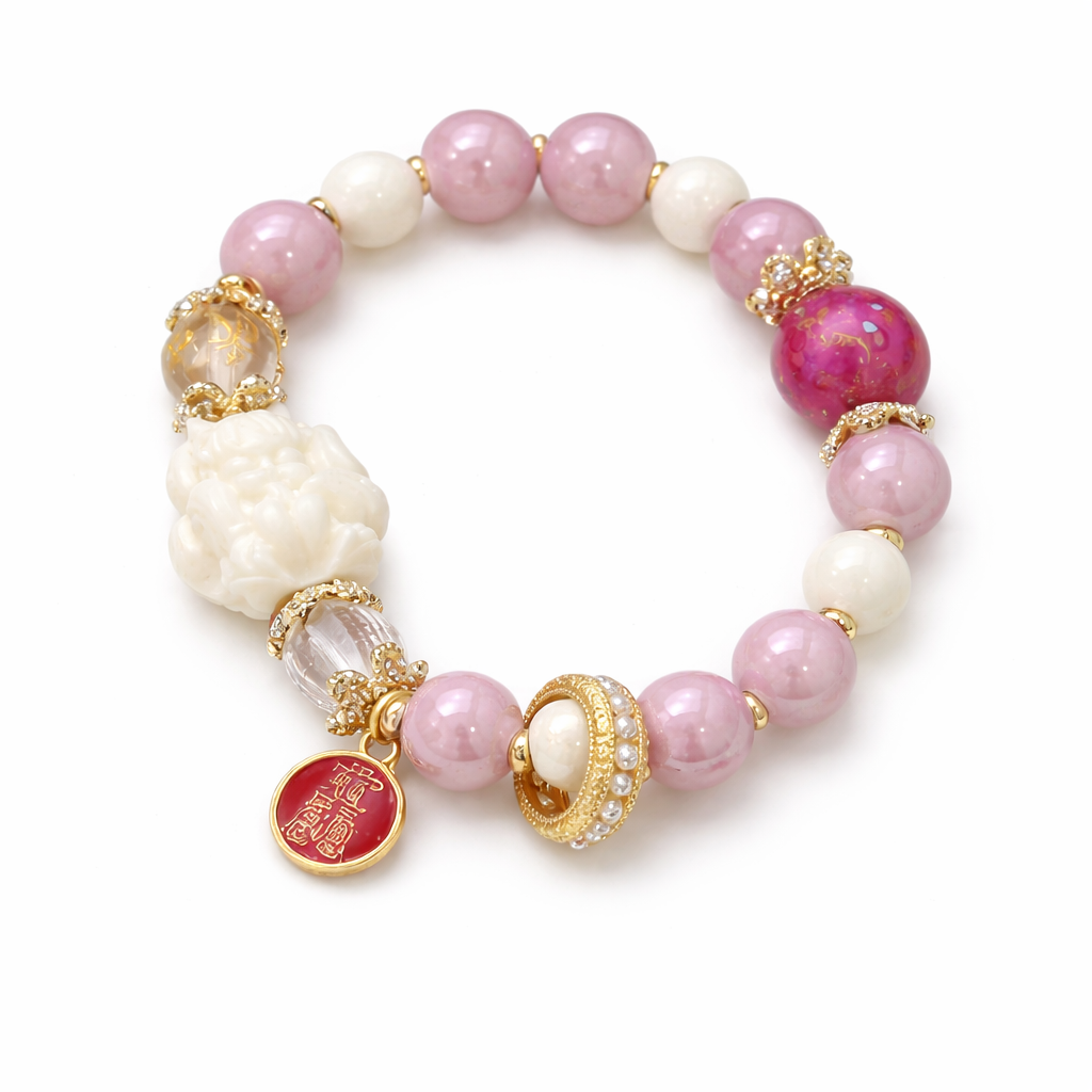 Fragrant gray porcelain nine-tailed fox gold leaf glazed large lacquer bead five-blessing bracelet