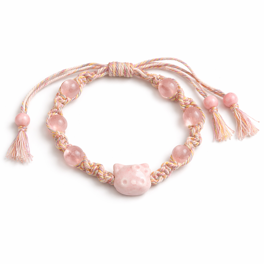 Handmade Cat Bracelet with Natural Rose Quartz & Blue Chalcedony | Adjustable Macrame Beaded Bracelet Gift